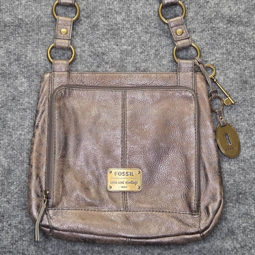 Fossil Crossbody Bag Womens Bronze Leather Key Lock Charm Zip Pockets Purse